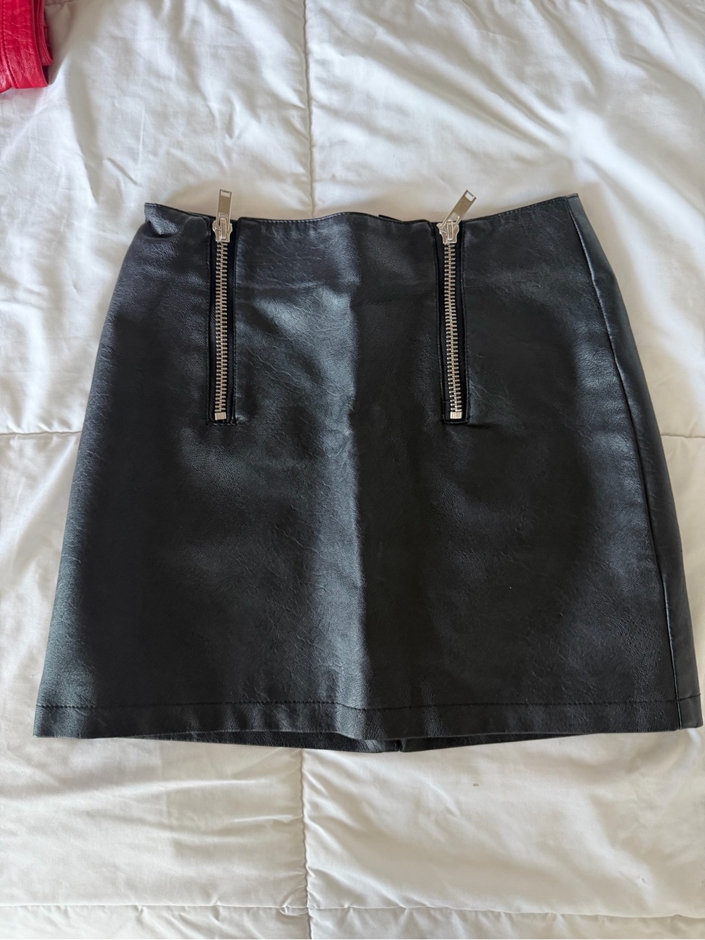 Black Faux Leather Mini Skirt with Front Zippers